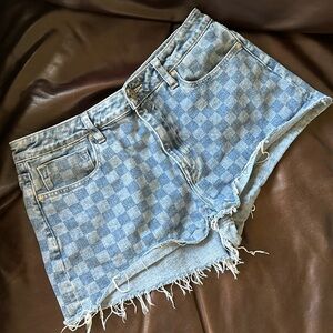 Vigoss High Rise Checkerboard Denim Cutoff Shorts